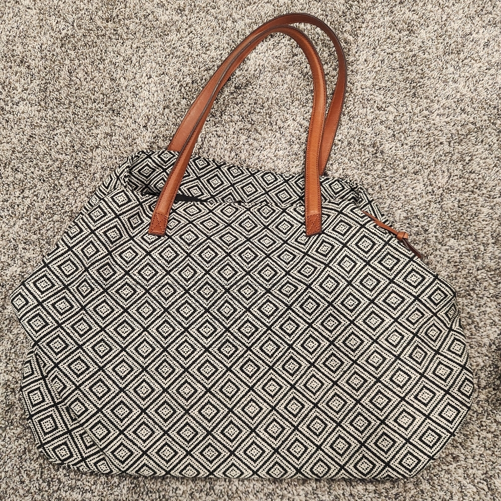 Geometric Patterned Tote Bag with Brown Handles